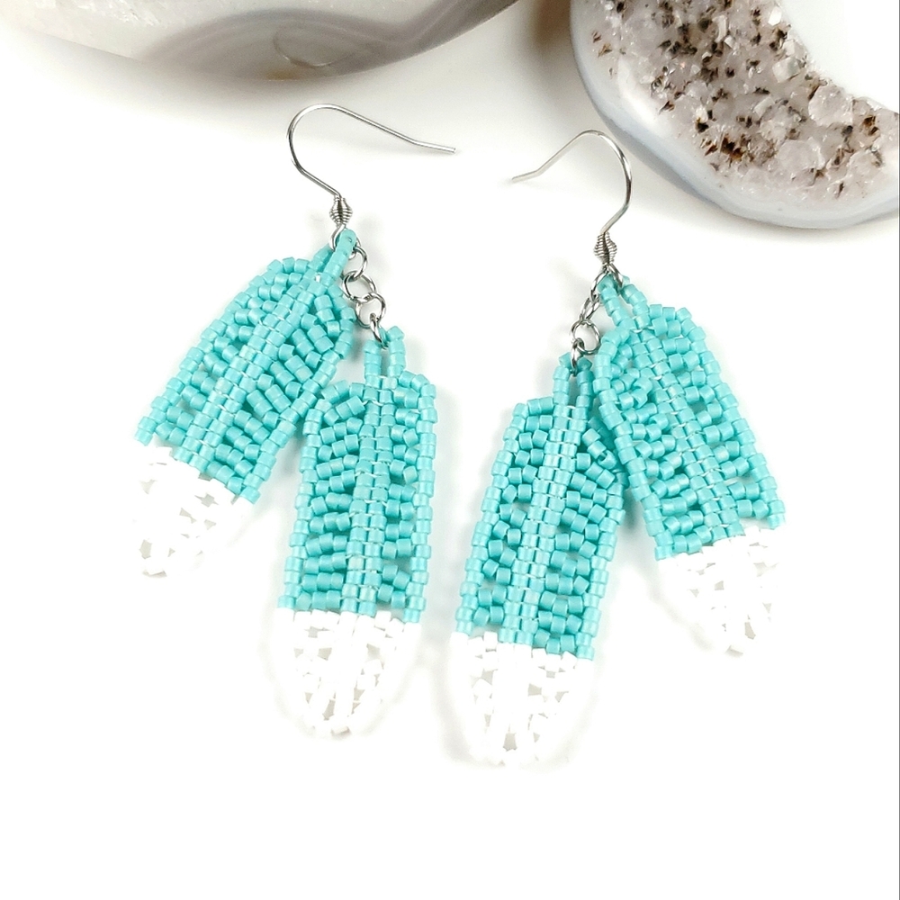 Beaded Double Feather Earrings Turquoise Small